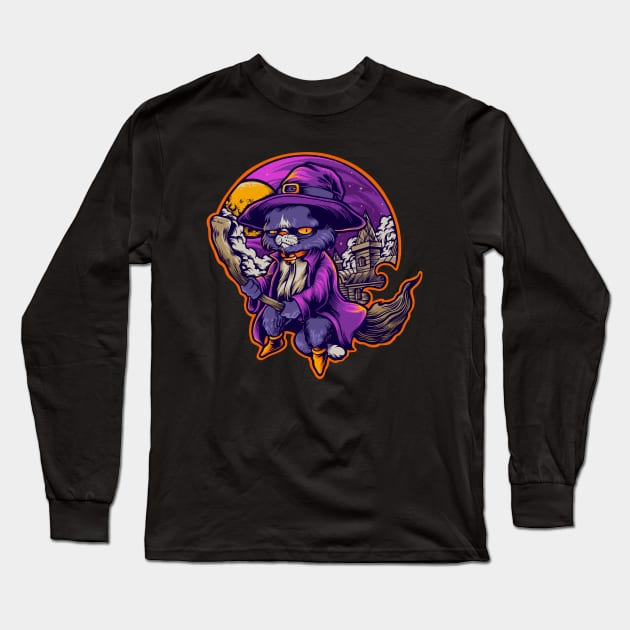 Cat Witch Flying on a Broom Halloween Theme Design Long Sleeve T-Shirt by FilsonDesigns